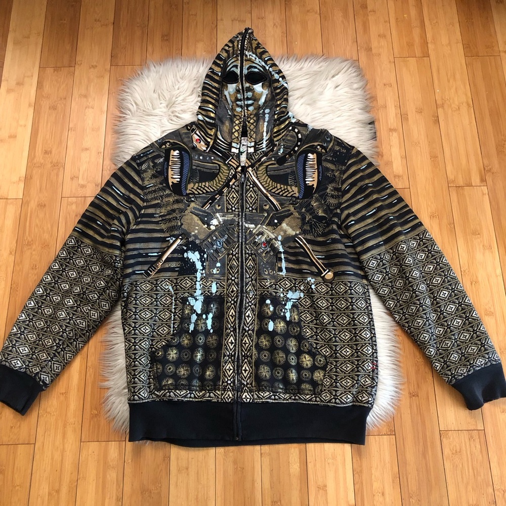 Vintage Ruthless Art Pharaoh Distressed Grunge Zip Black Gold Hoodie Jacket 2XL